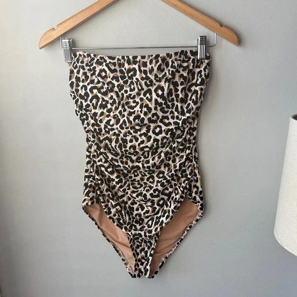 J. Crew Leopard Print Strapless One Piece Bathingsuit - Picture 1 of 9